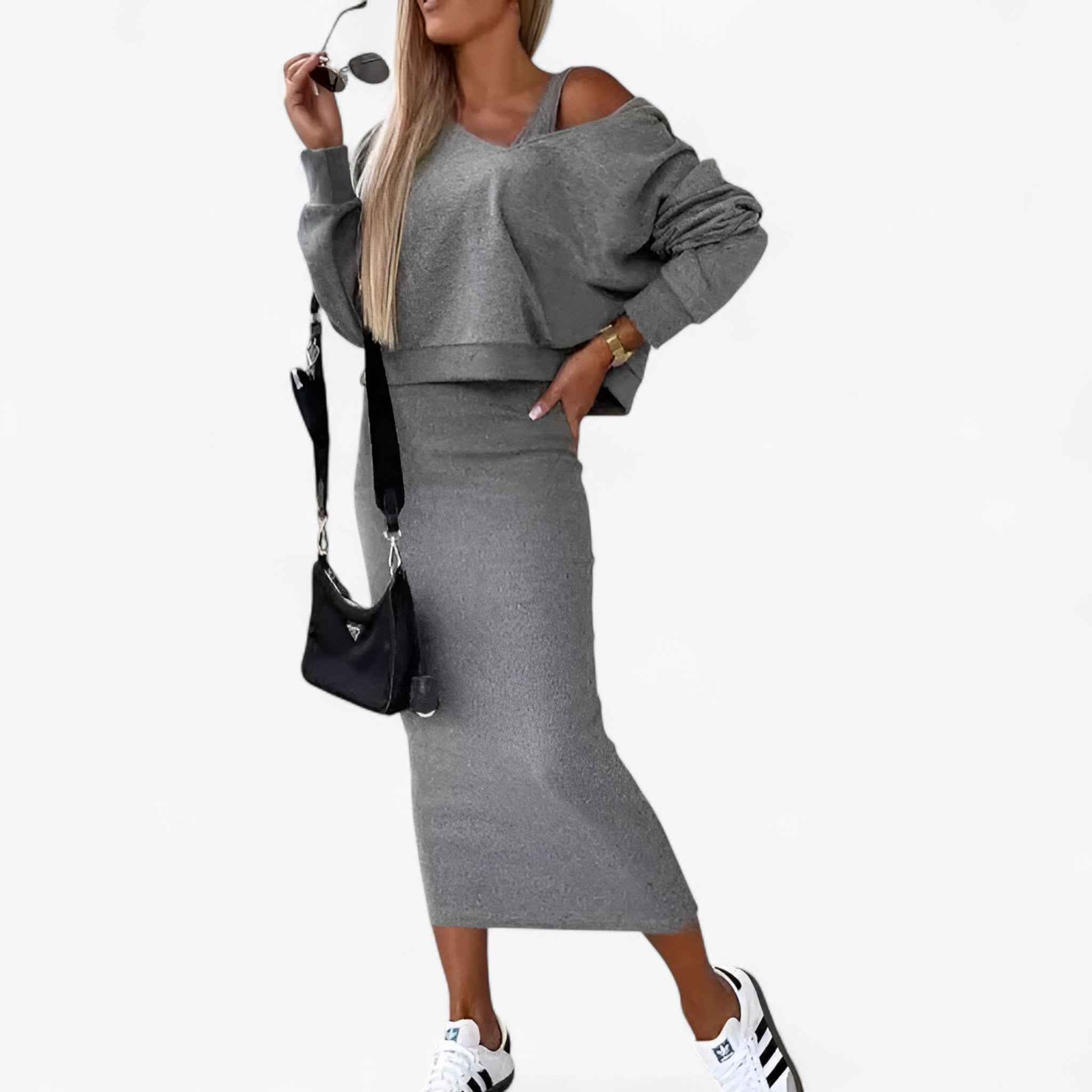 Two Piece Jumper and Dress Set with a Flattering V Neck
