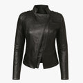 Bikerjack met asymmetrische rits en hoge opstaande kraag