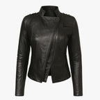 Bikerjack met asymmetrische rits en hoge opstaande kraag