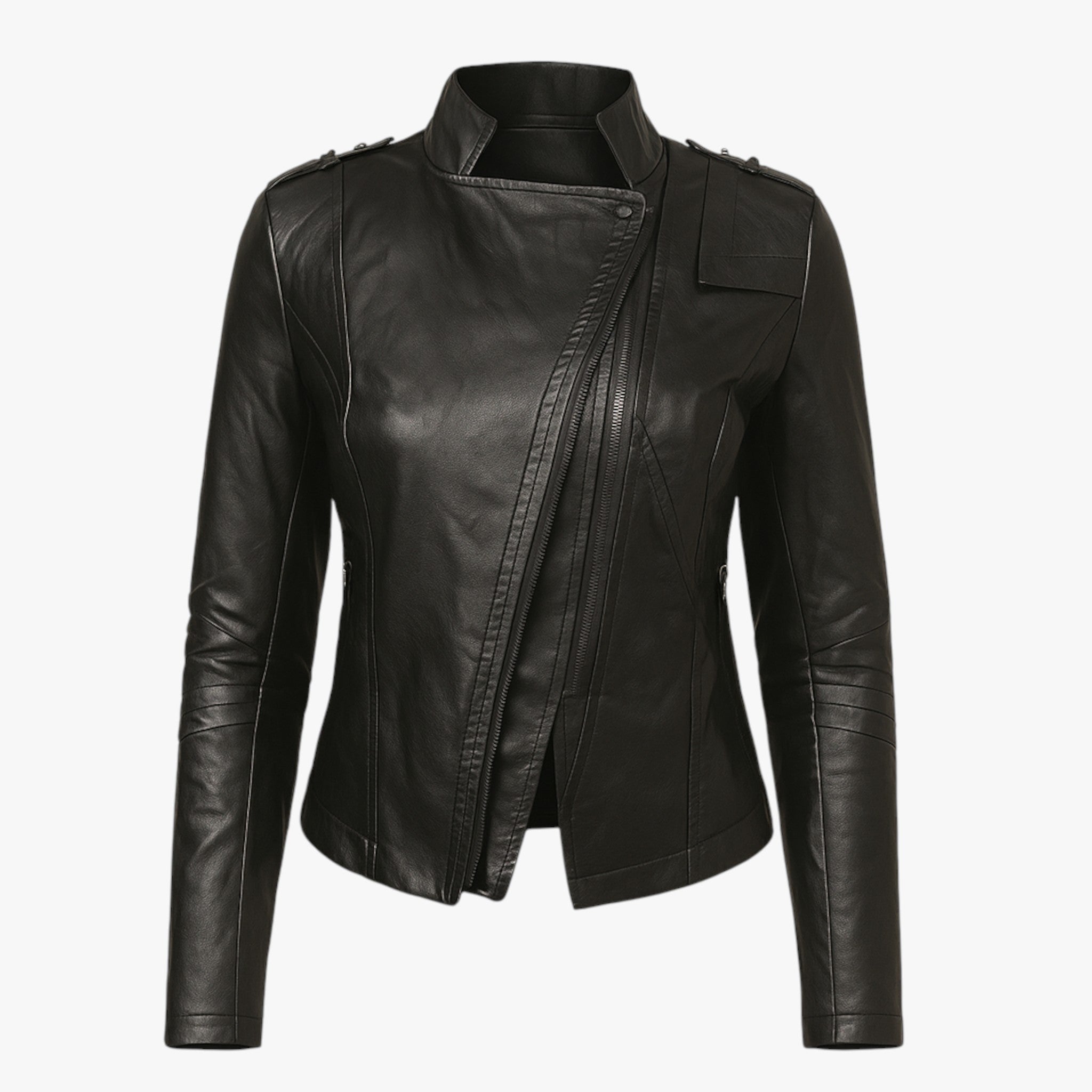 Bikerjack met asymmetrische rits en hoge opstaande kraag