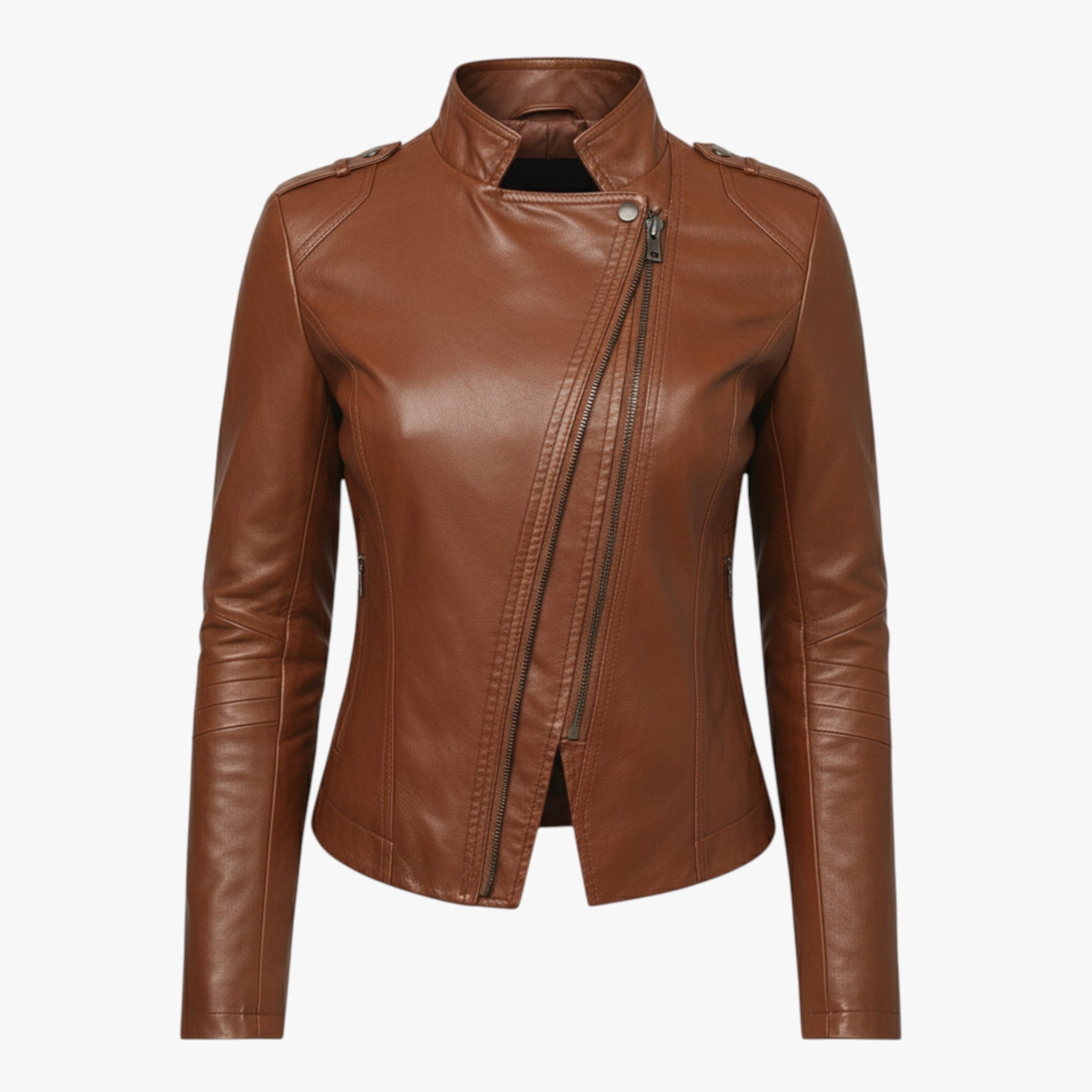 Bikerjack met asymmetrische rits en hoge opstaande kraag