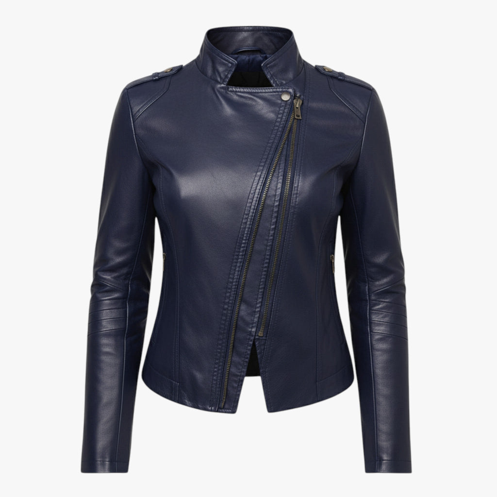 Bikerjack met asymmetrische rits en hoge opstaande kraag