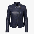 Bikerjack met asymmetrische rits en hoge opstaande kraag