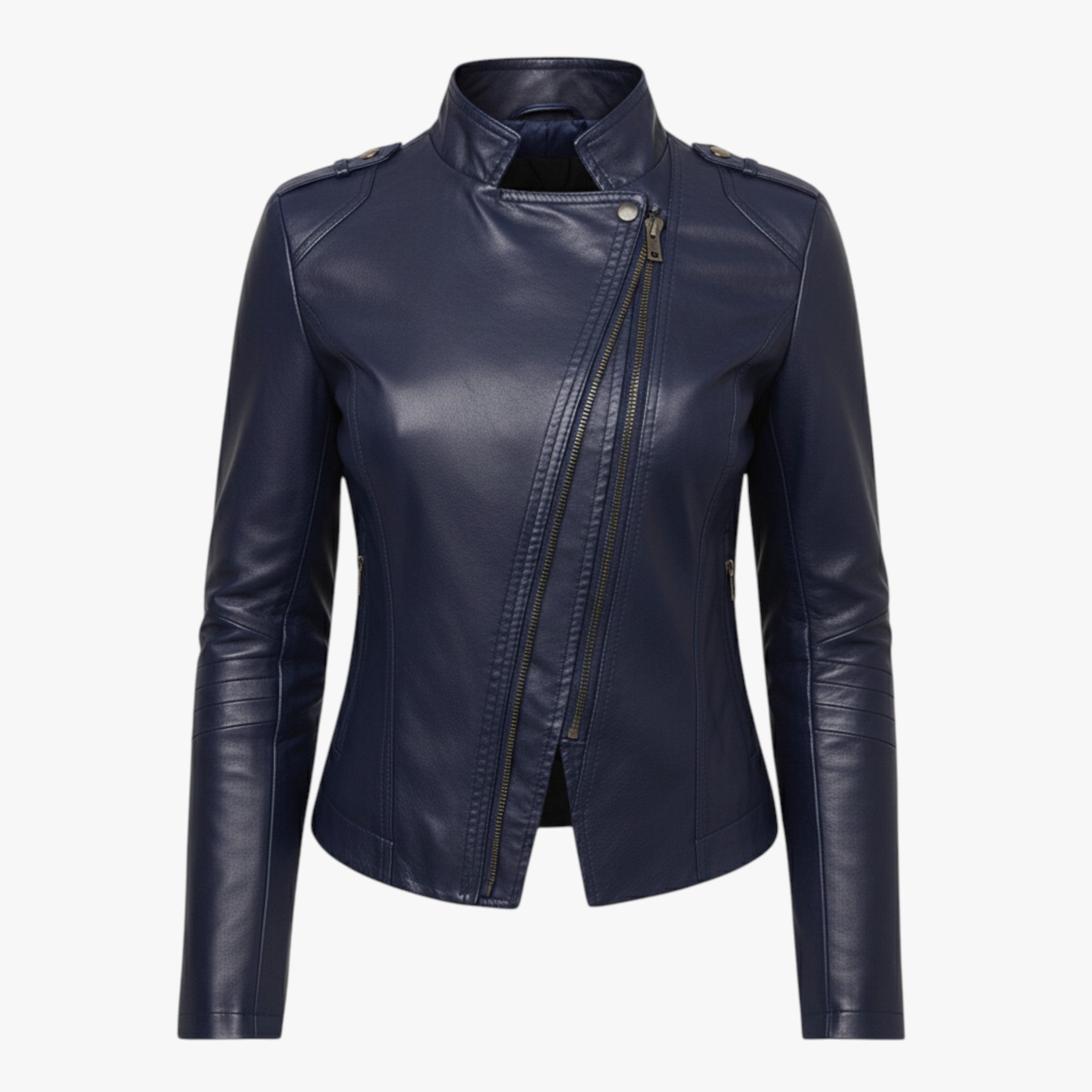 Bikerjack met asymmetrische rits en hoge opstaande kraag