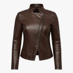 Bikerjack met asymmetrische rits en hoge opstaande kraag
