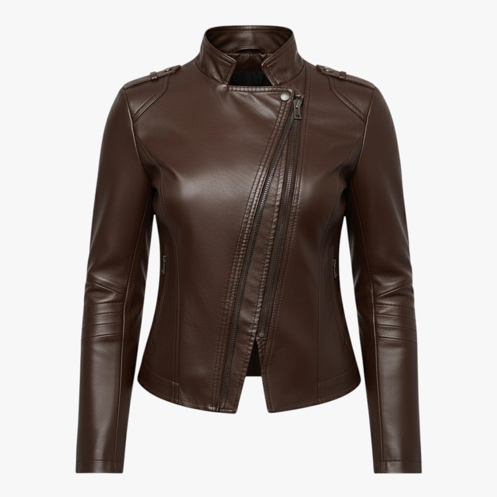 Bikerjack met asymmetrische rits en hoge opstaande kraag