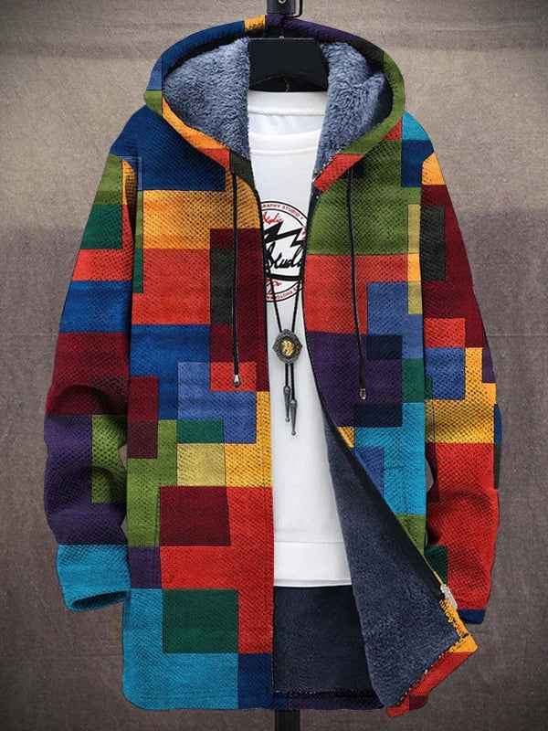 Zip Front Cardigan with a Bold Artistic Pattern and Soft Knit