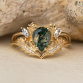 Moss Agate-Look Teardrop Crown Ring with Crystal Accents