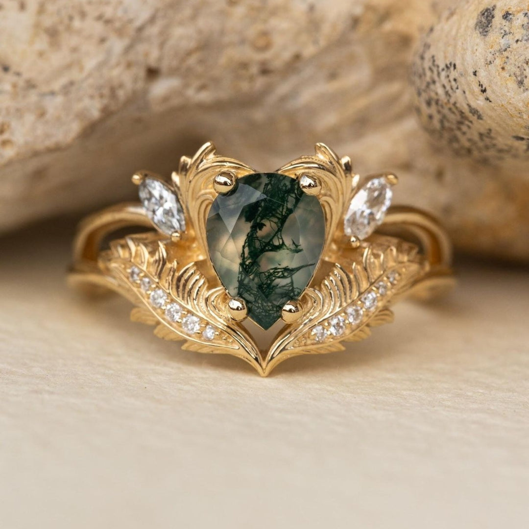 Moss Agate-Look Teardrop Crown Ring with Crystal Accents