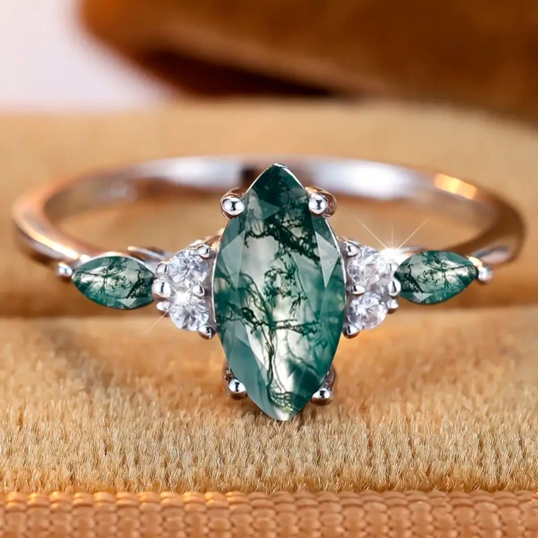 Moss Agate Oval Silver-Tone Ring