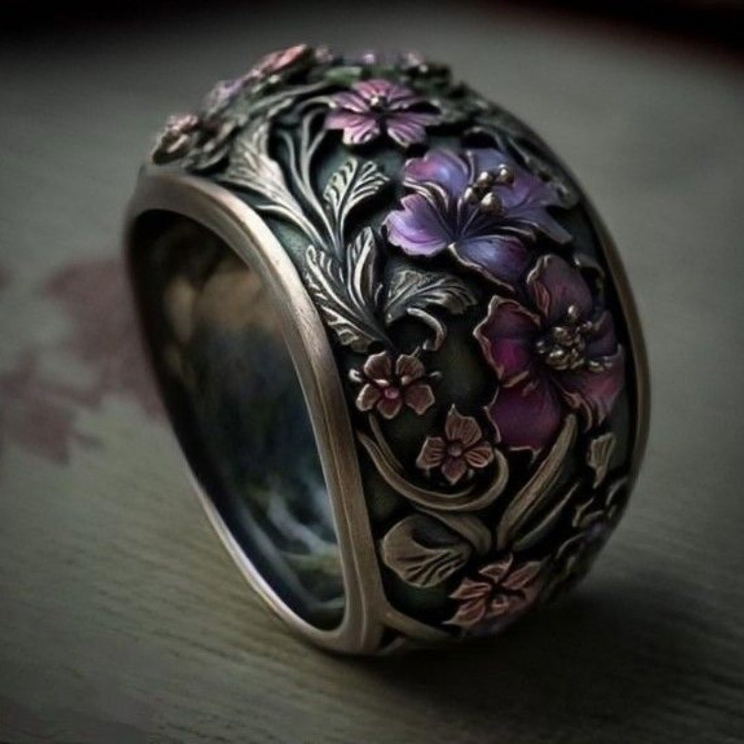 Verstelbare zilverkleurige ring met violette bloesem