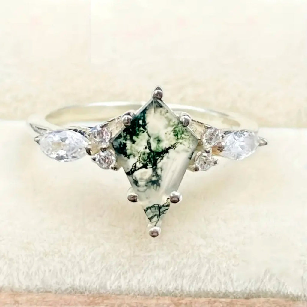 Moss Agate Crystal Silver-Tone Ring