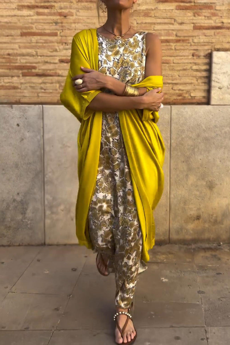 Printed Sleeveless Maxi Dress With Matching Cardigan