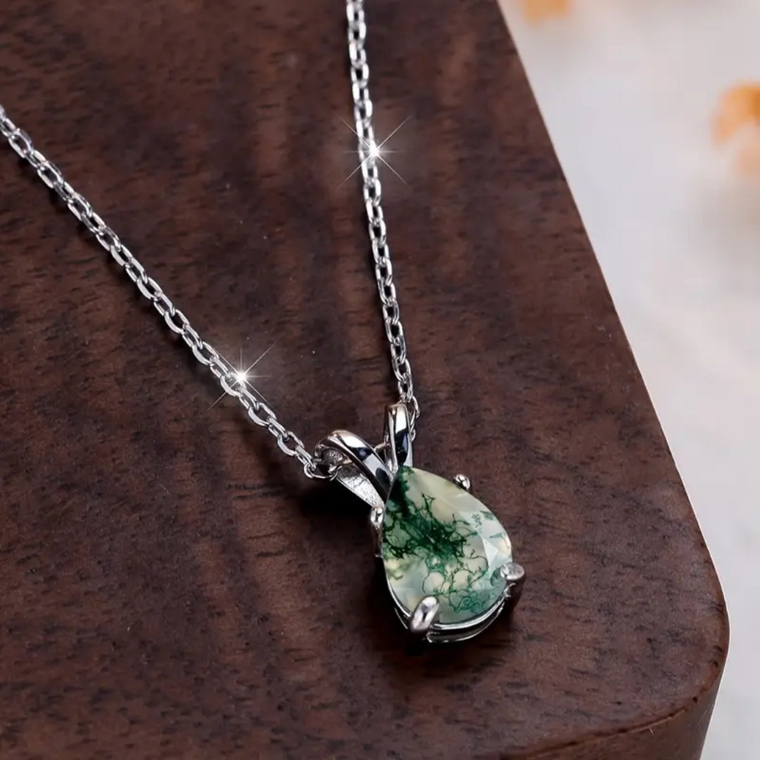 Moss Agate Silver-Tone Drop Necklace