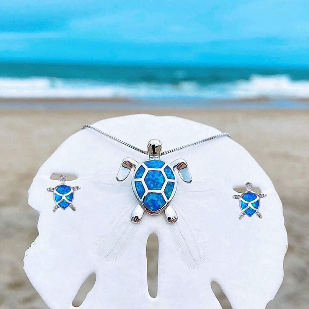Sea Turtle Necklace and Earrings Set with Opal-Look Stone