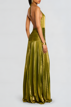 Metallic geplisseerde maxi-jurk met halterhals en hoge split