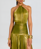 Metallic geplisseerde maxi-jurk met halterhals en hoge split