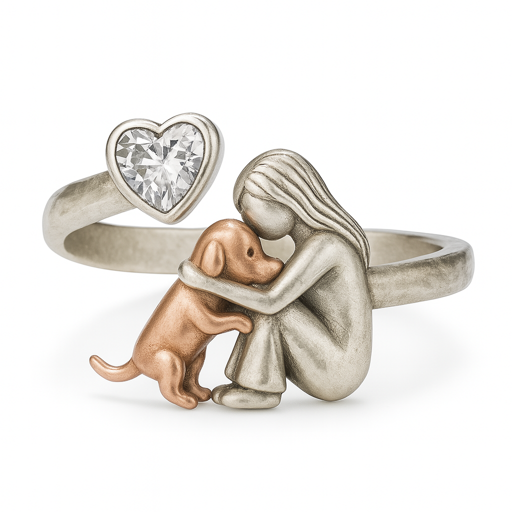 Adjustable 925 Sterling Silver Dog Ring with Heart Zirconia