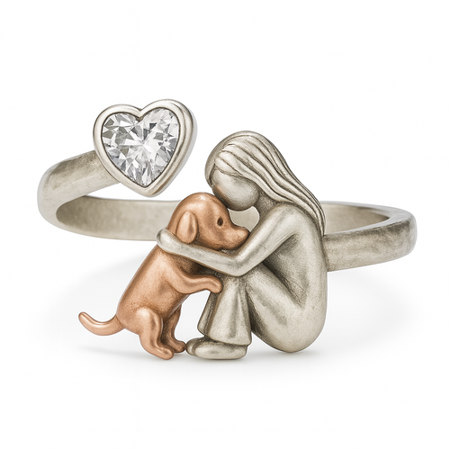 Adjustable 925 Sterling Silver Dog Ring with Heart Zirconia