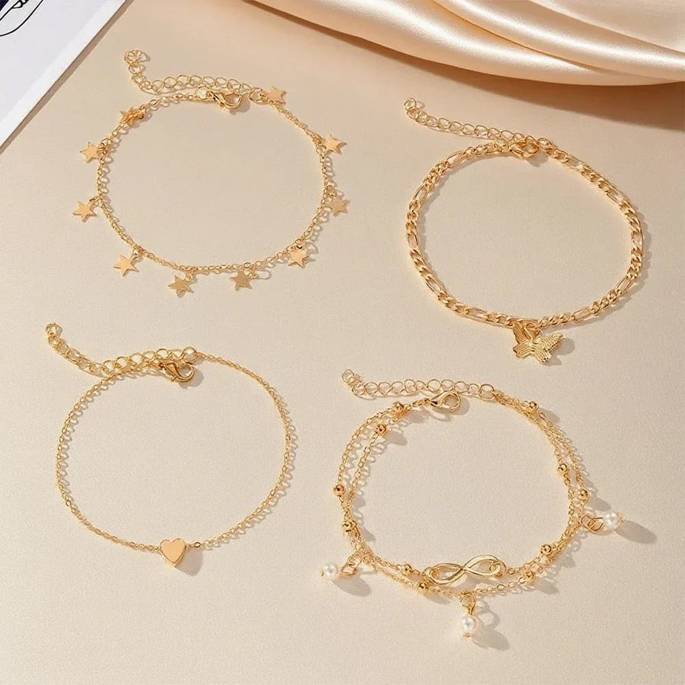 Pearl Anklet Set with Butterfly, Star and Heart Charms