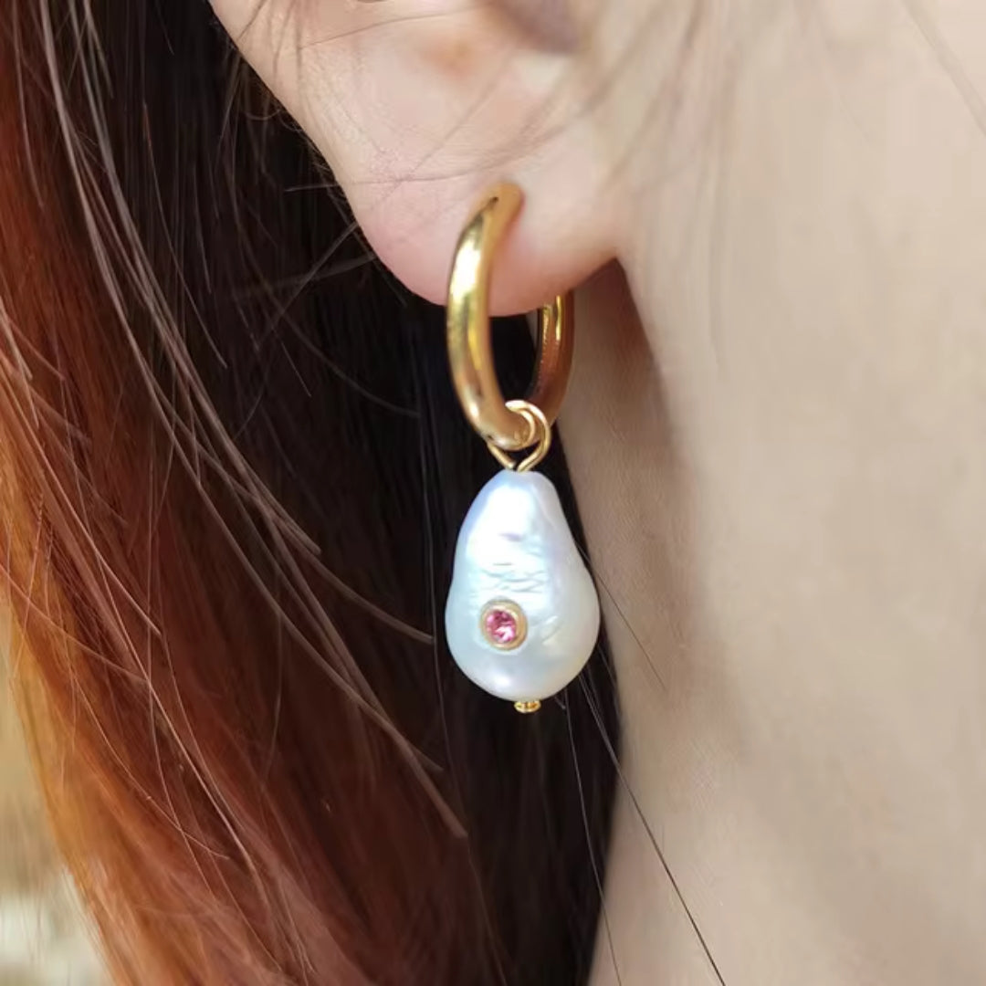 Vintage-Style Baroque Pearl and Red Zirconia Earrings