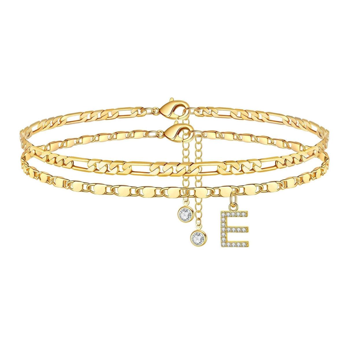 Two-Piece Initial Anklet Set with Diamond-Look Letter Charm