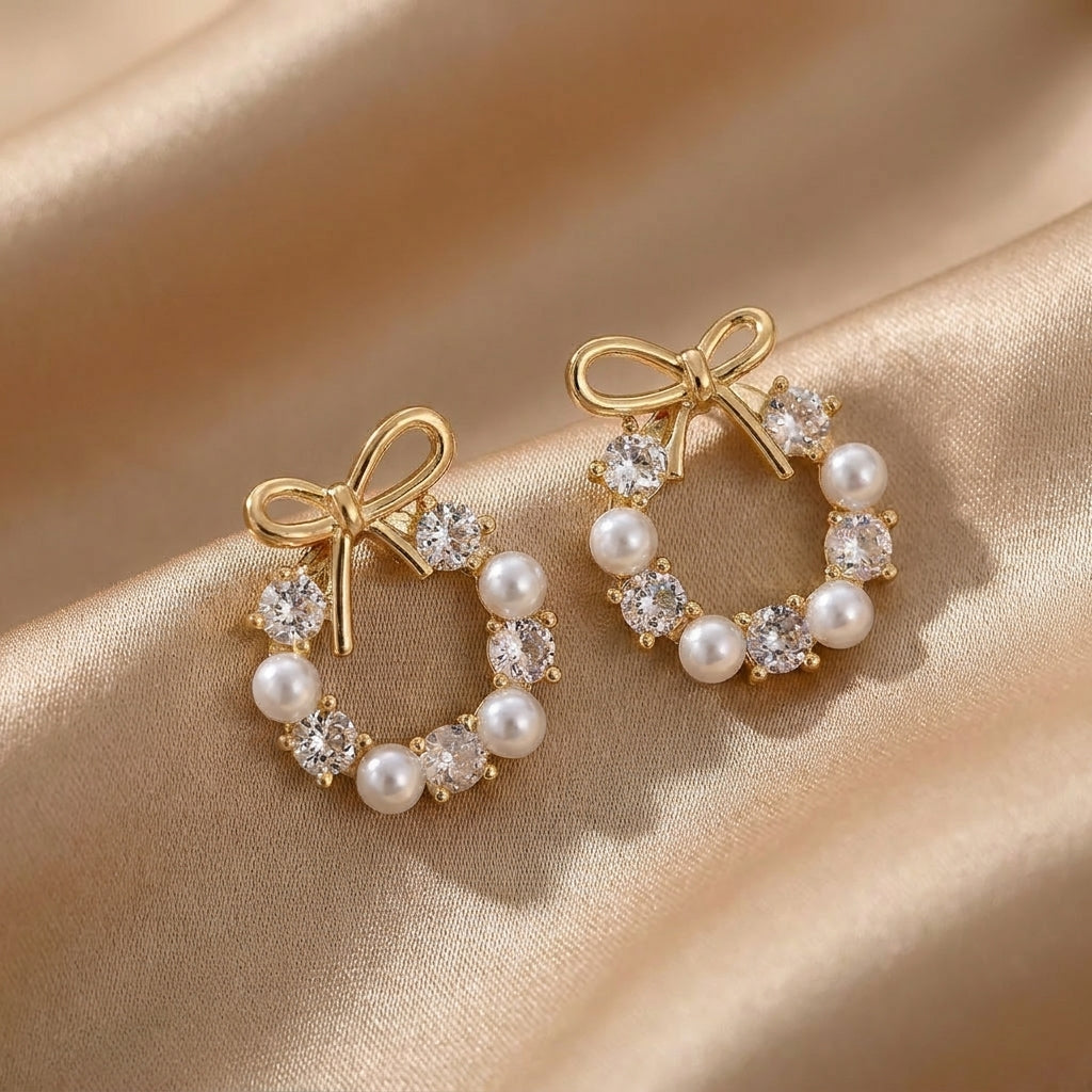 Pearl Stud Earrings with Bow Halo
