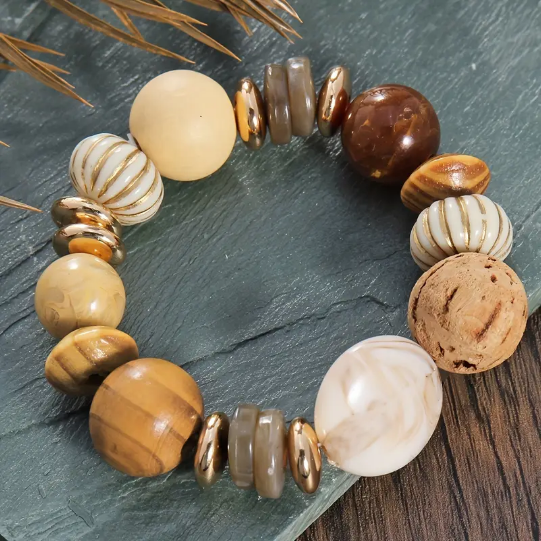 Earth-Tone Wood and Stone Bead Bracelet