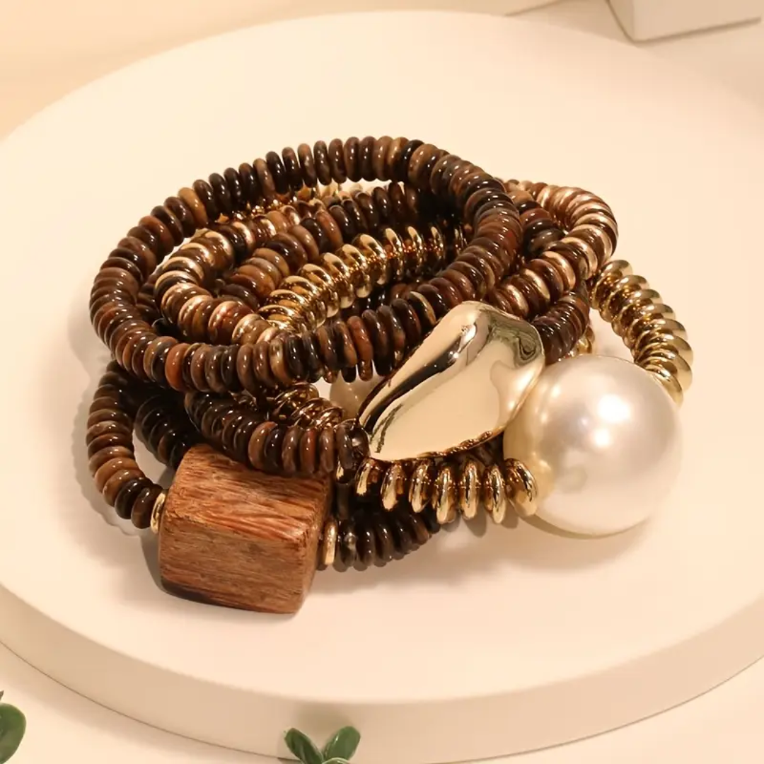 Wooden Bead Bracelet with Gold-Tone and Pearl Accents