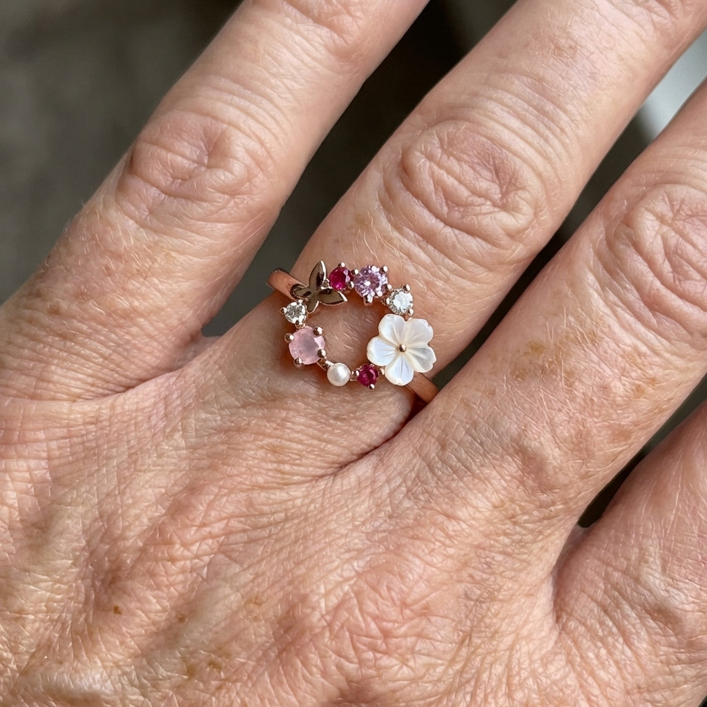 Flower Faux Pearl and Micro-Inlaid Zirconia Butterfly Ring