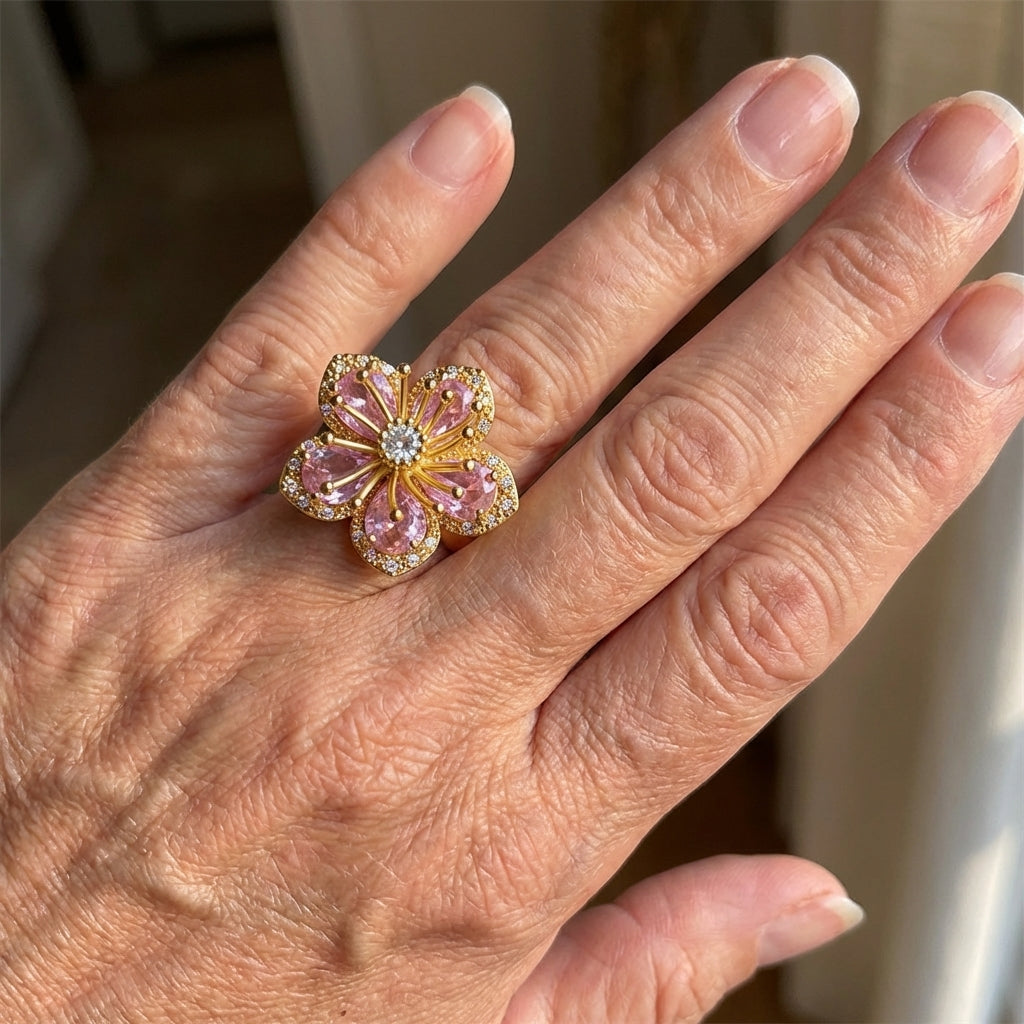 Gold-Plated Zirconia Flower Ring in Two Colours