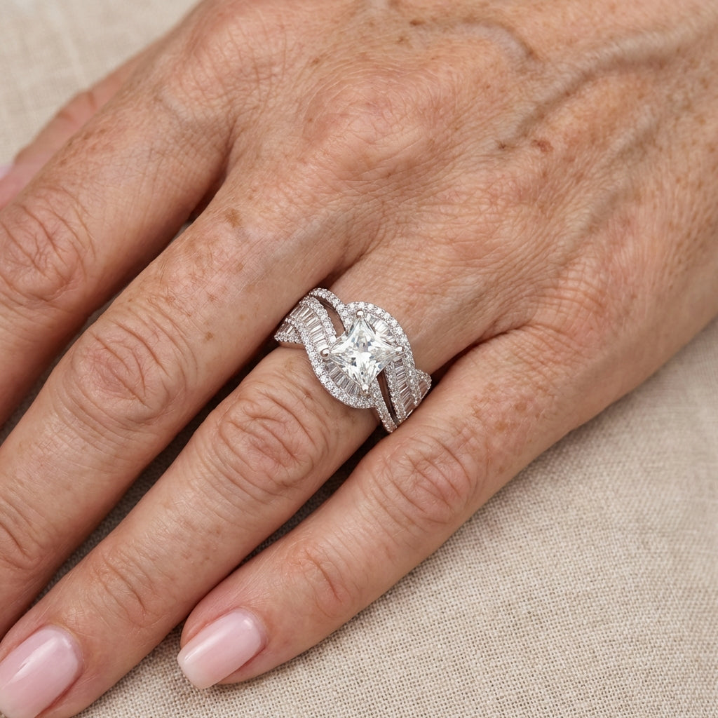 White Gold-Plated Wide Band Zirconia Ring