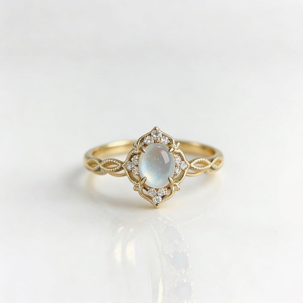 Hollow Flower Moonstone Ring with Cat's Eye Stone
