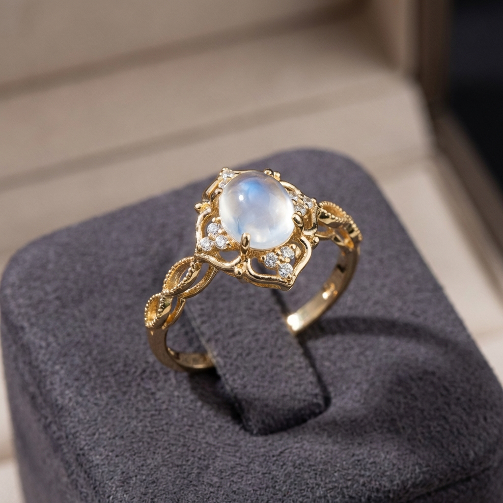 Hollow Flower Moonstone Ring with Cat's Eye Stone