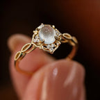 Hollow Flower Moonstone Ring with Cat's Eye Stone