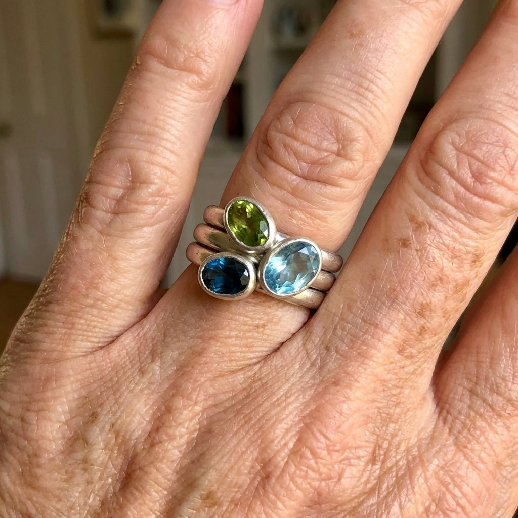 Irregular Multi-Stone Silver-Plated Ring Set