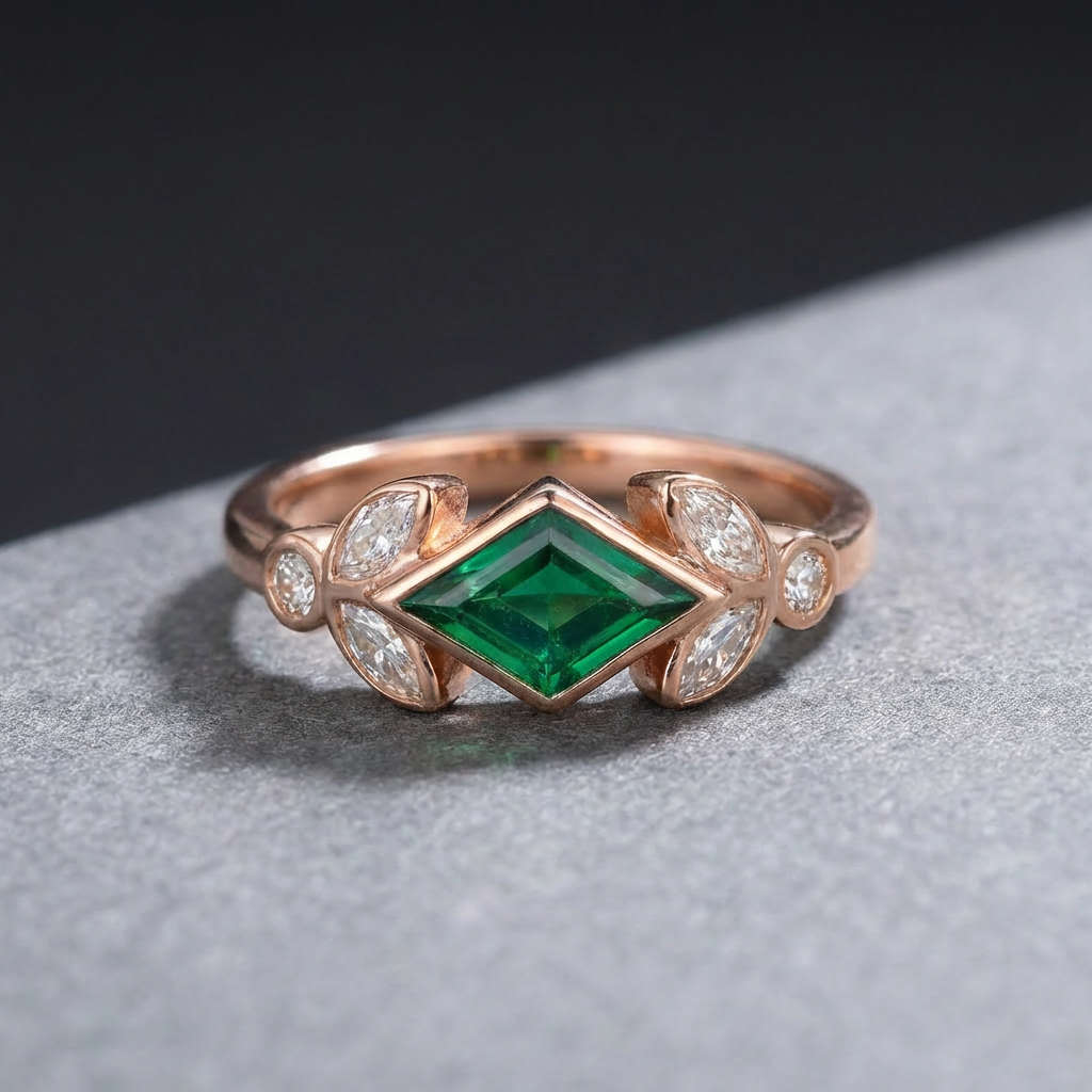 Leaf-Accent Green Cubic Zirconia Ring
