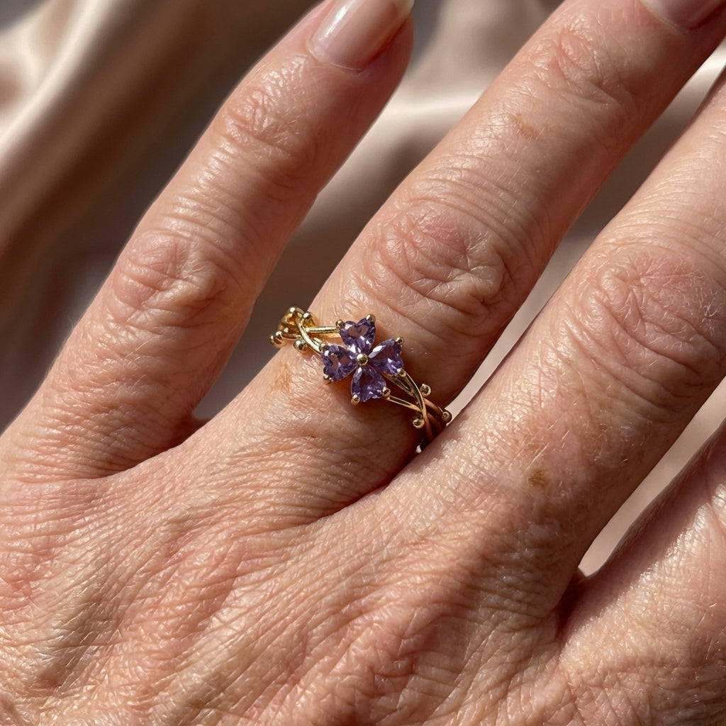 Purple Four-Leaf Clover Zirconia Open Ring