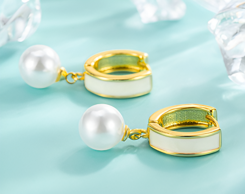 White Enamel Pearl Earrings