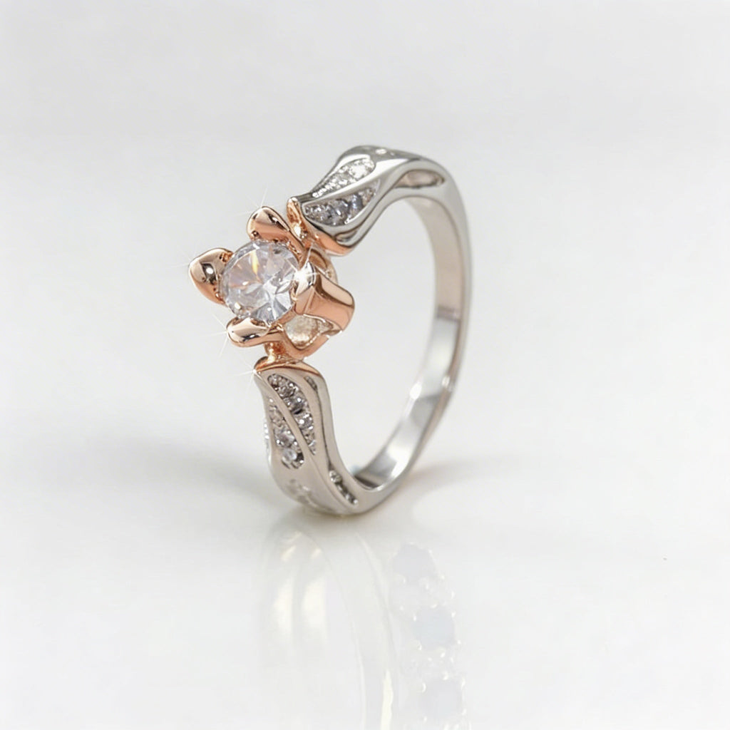 Silver-Plated Two-Tone Rose Flower Zirconia Ring