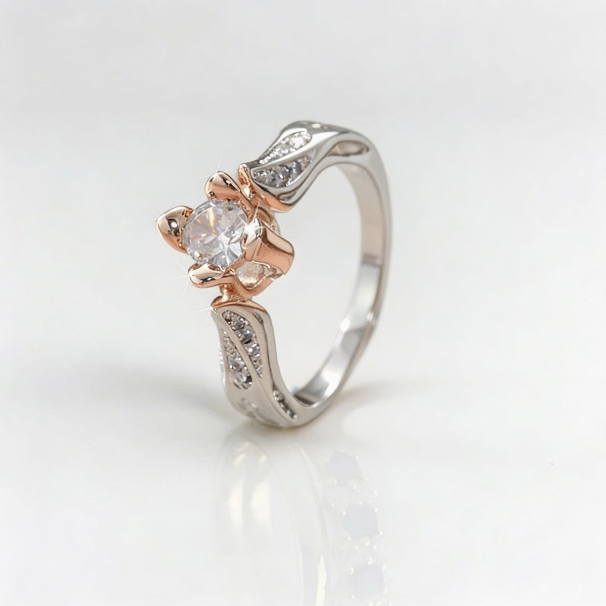 Silver-Plated Two-Tone Rose Flower Zirconia Ring