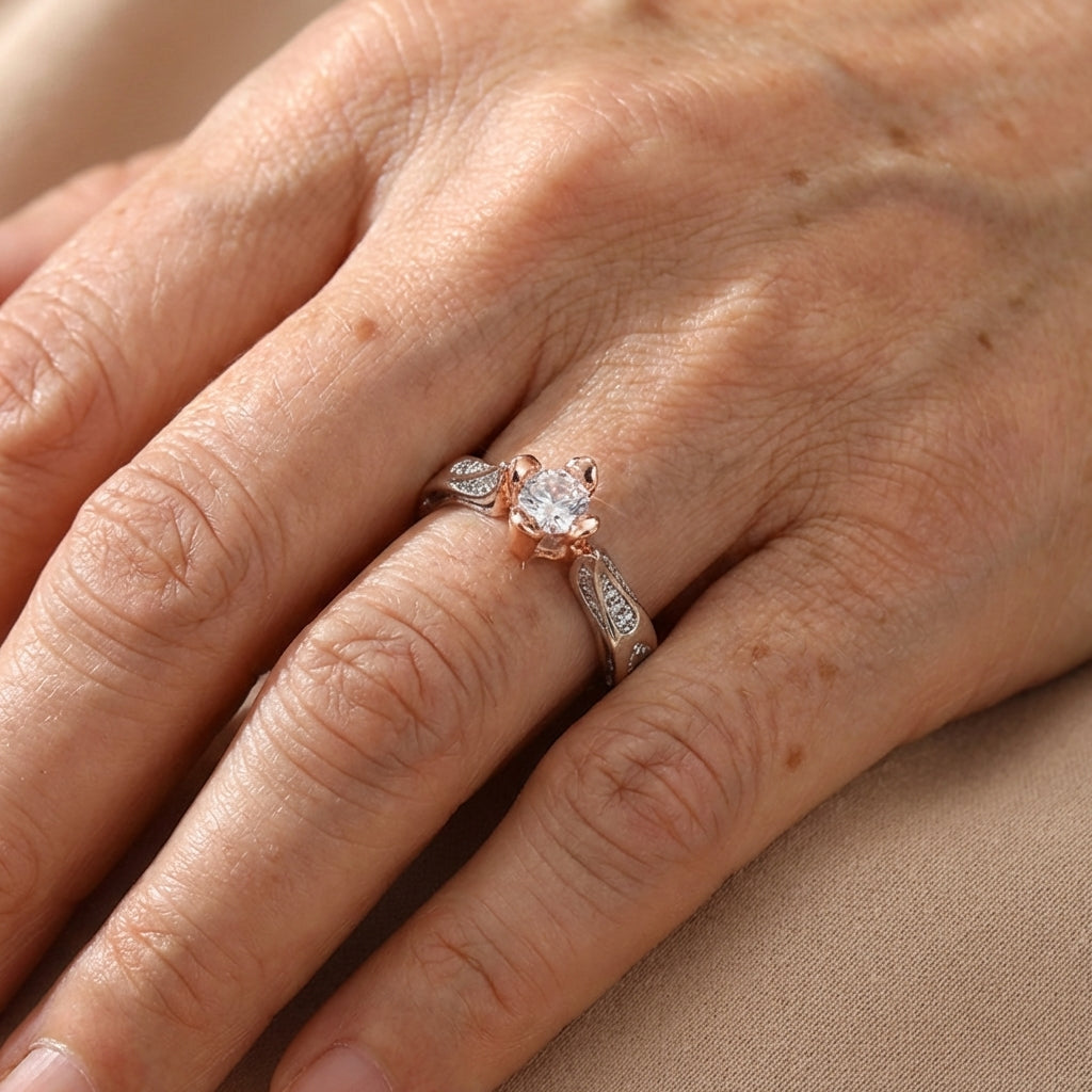 Silver-Plated Two-Tone Rose Flower Zirconia Ring