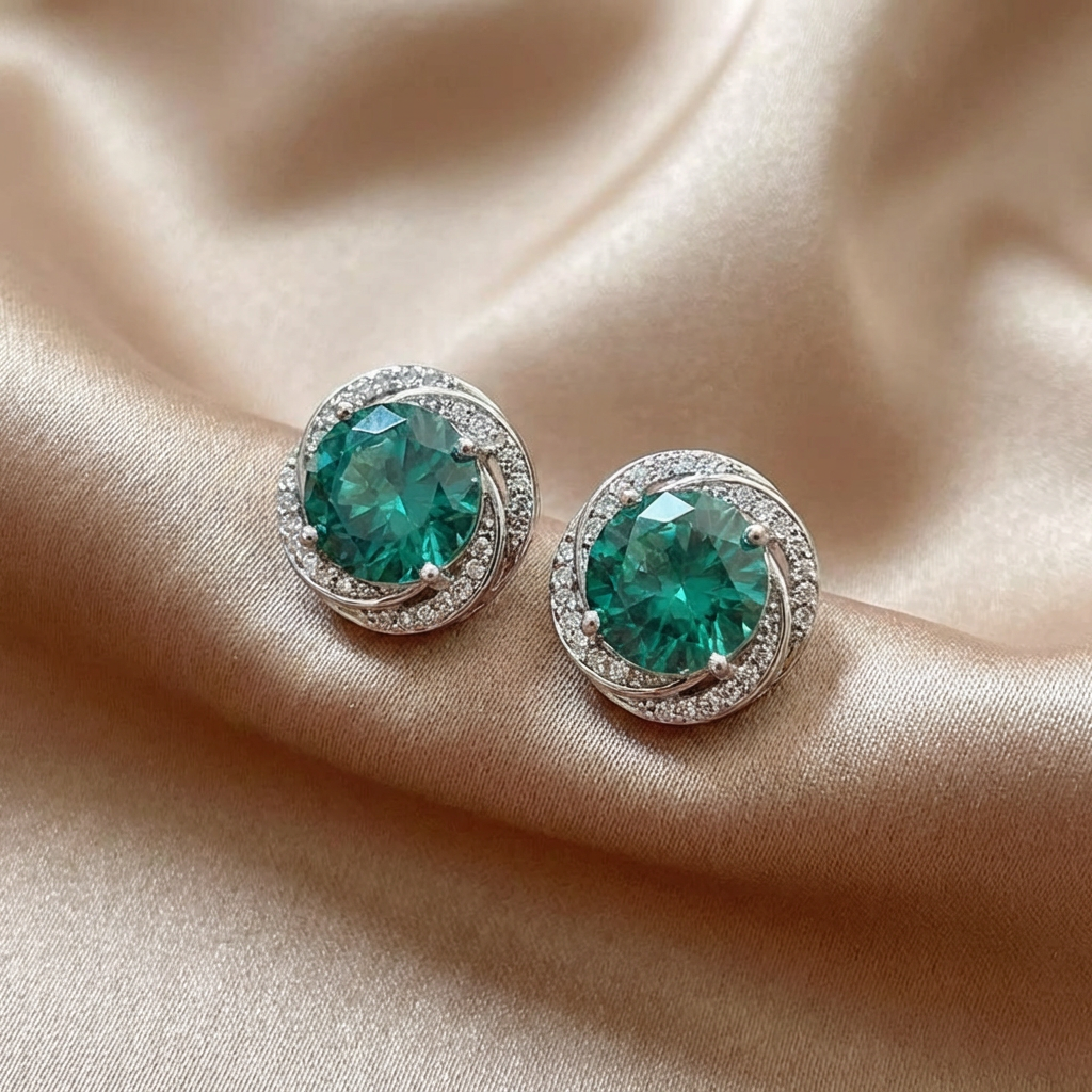 Sparkling Green Zirconia Flower Stud Earrings