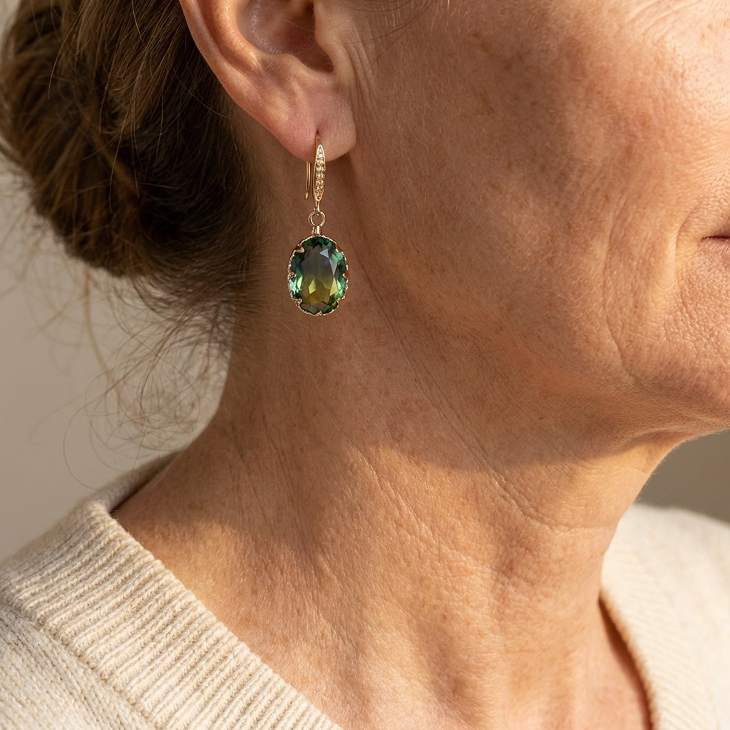 Vintage-Inspired Oval Green Crystal Drop Earrings