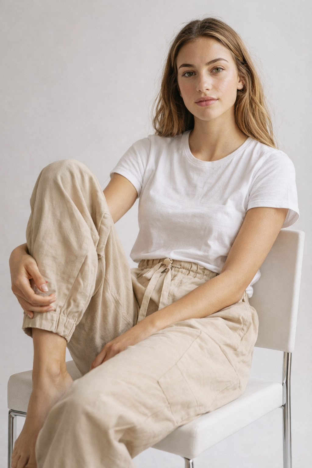Katoenen broek met hoge taille, koord en zakken opzij