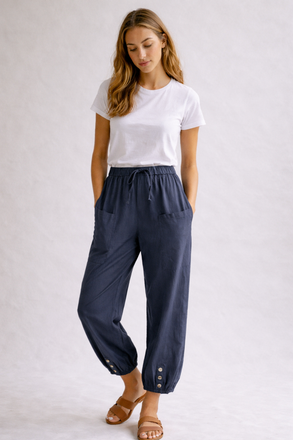 Katoenen broek met hoge taille, koord en zakken opzij