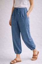 Katoenen broek met hoge taille, koord en zakken opzij