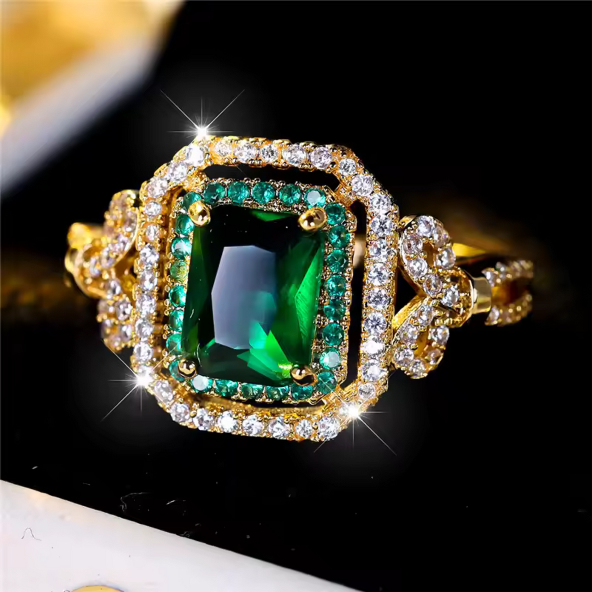 Square Emerald-Look Halo Ring in Gold Tone