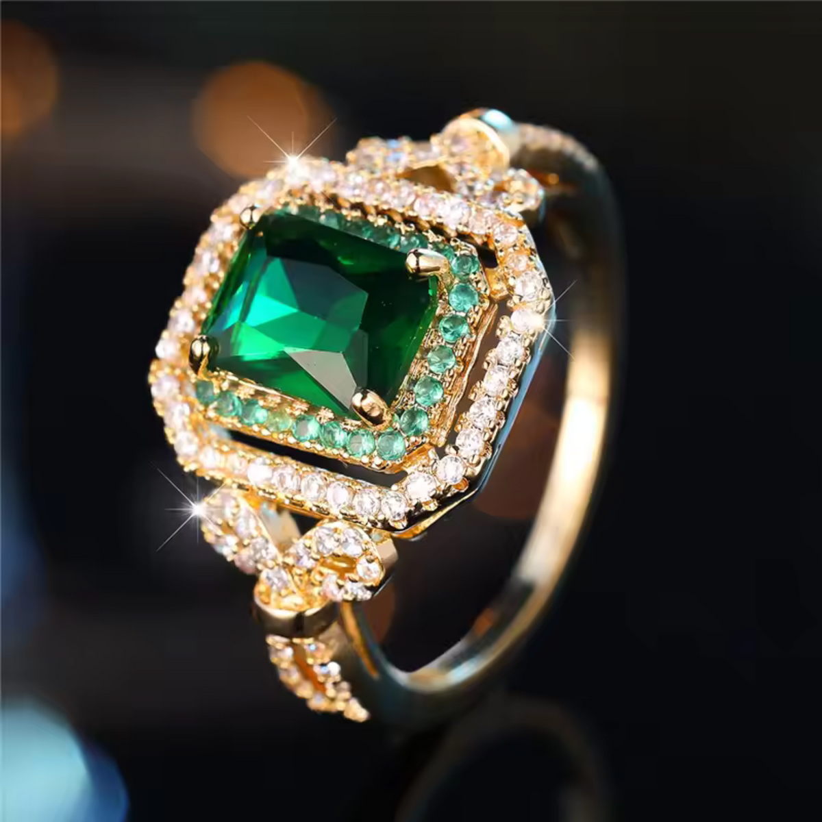 Square Emerald-Look Halo Ring in Gold Tone