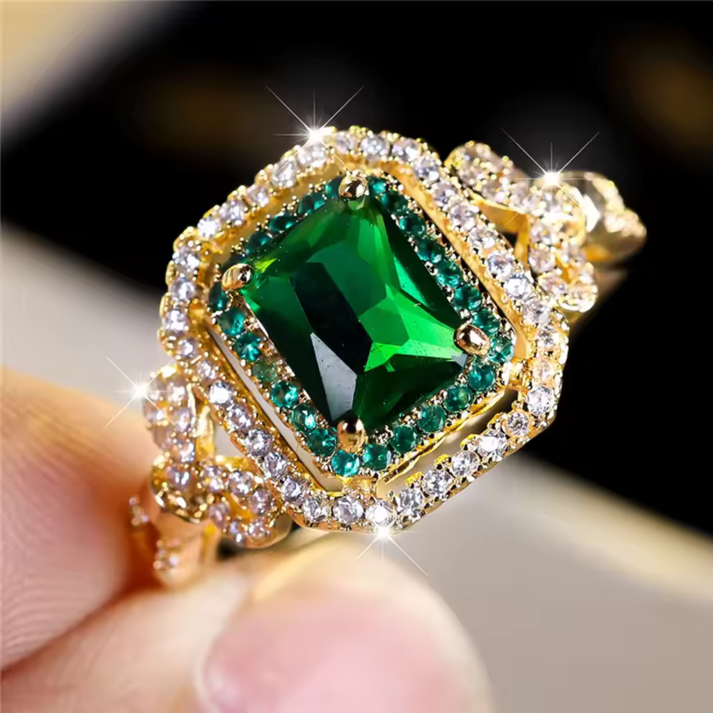 Square Emerald-Look Halo Ring in Gold Tone